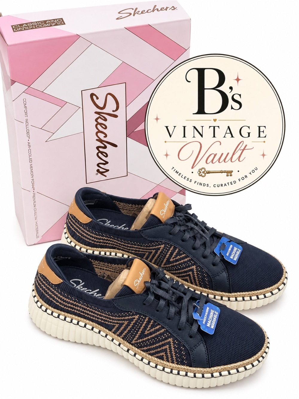 Skechers Navy and Tan Zigzag Casual Lace-Up Sneakers